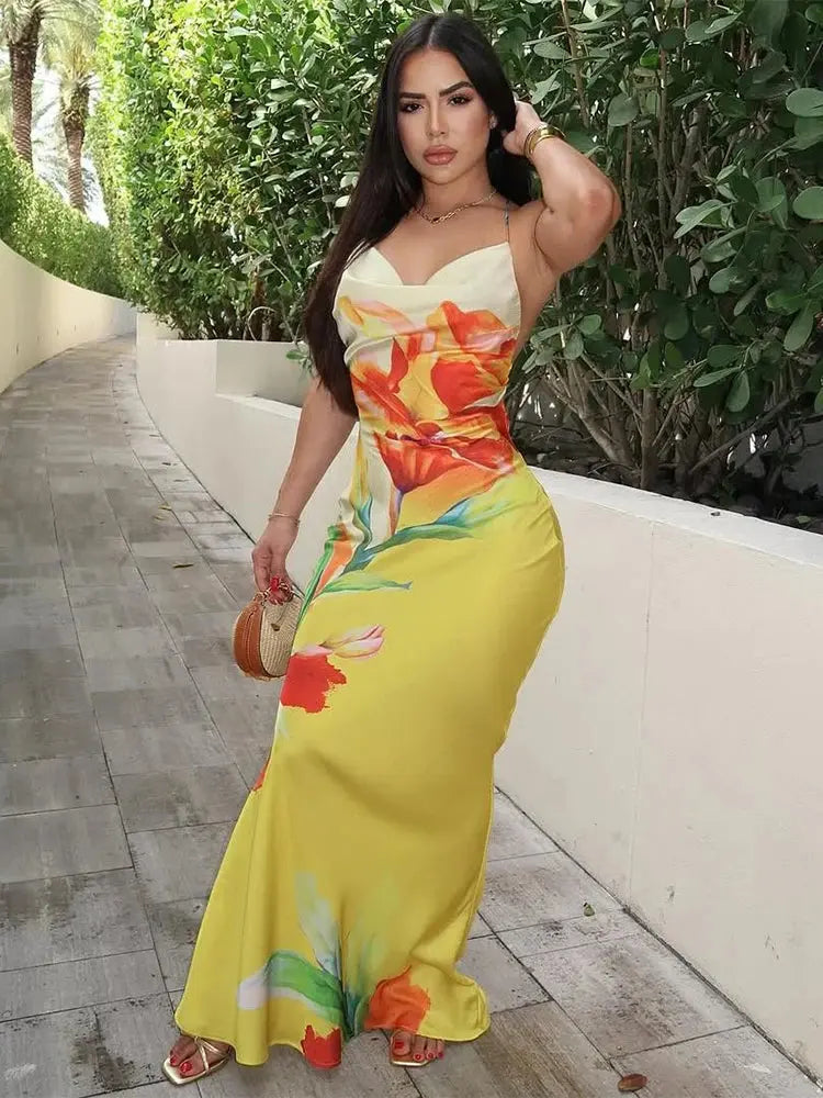 Bella Fiora Floral Satin Maxi Dress - Bellaovo