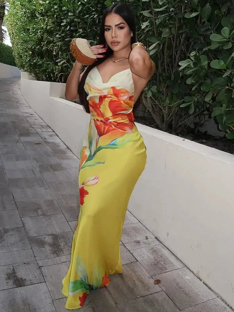 Bella Fiora Floral Satin Maxi Dress - Bellaovo